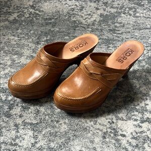 Michael Kors Brown Leather Mules with Wooden Platform